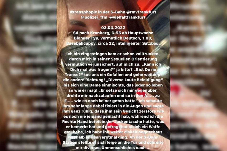 Mit einem längeren Text in einer Instagram-Story schilderte die Frankfurterin die Belästigung inklusive Androhung einer Vergewaltigung.