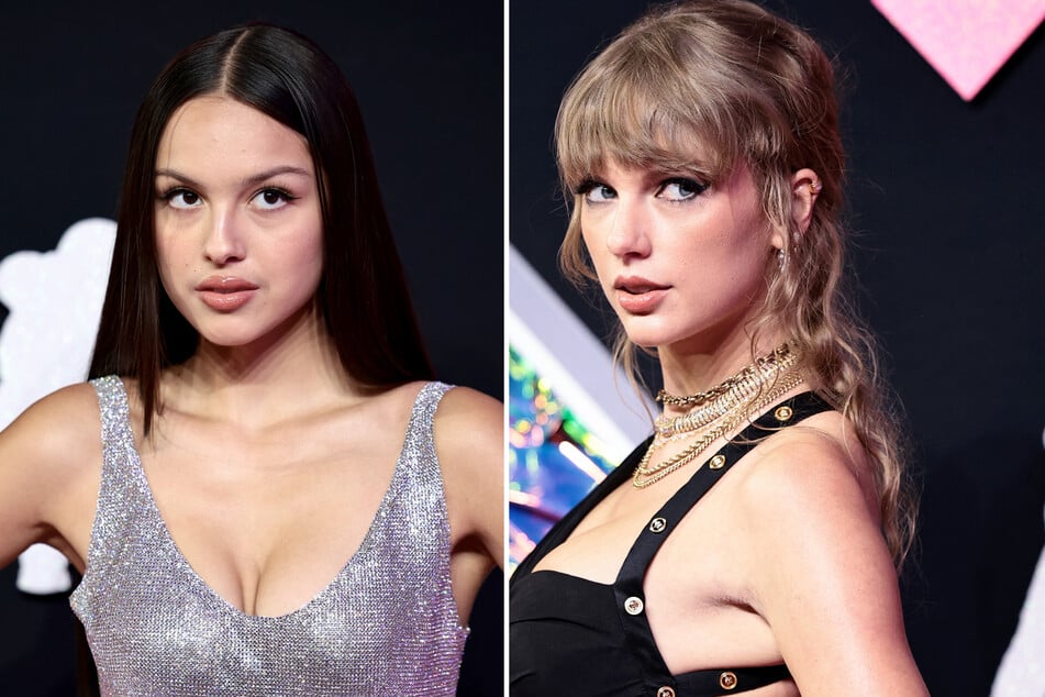 Olivia Rodrigo (l.) joked about the songwriting drama with Taylor Swift after the release of her debut album during a performance in Los Angeles.