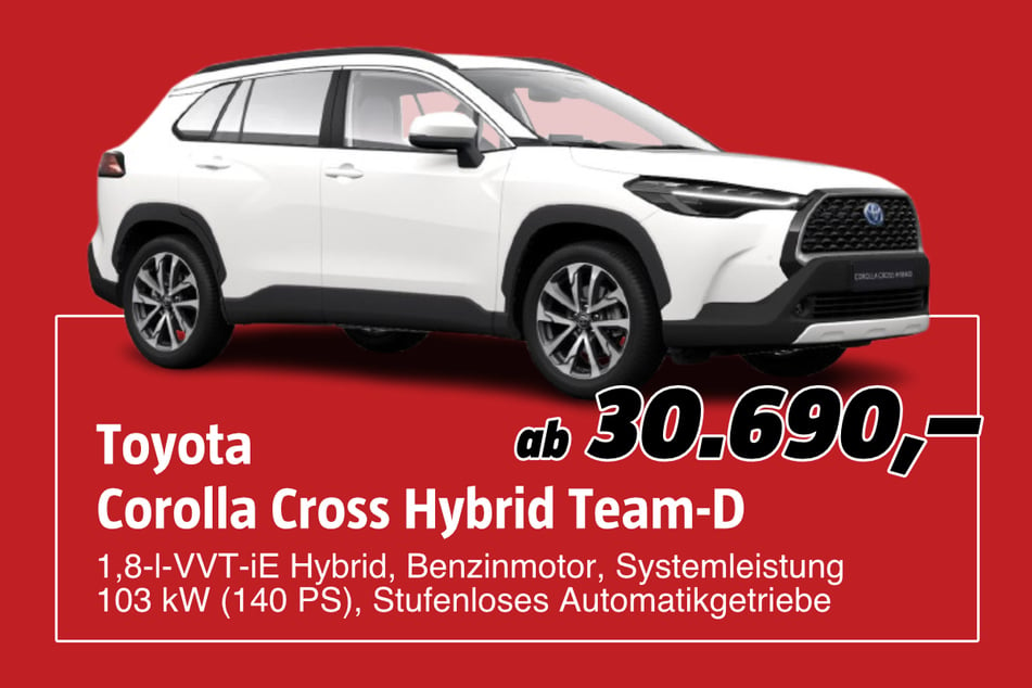 Toyota Corolla Cross Hybrid Team-D
ab 30.690 Euro. Abbildungen enthalten zum Teil aufpreispflichtige Sonderausstattungen. Nur solange der Vorrat reicht.