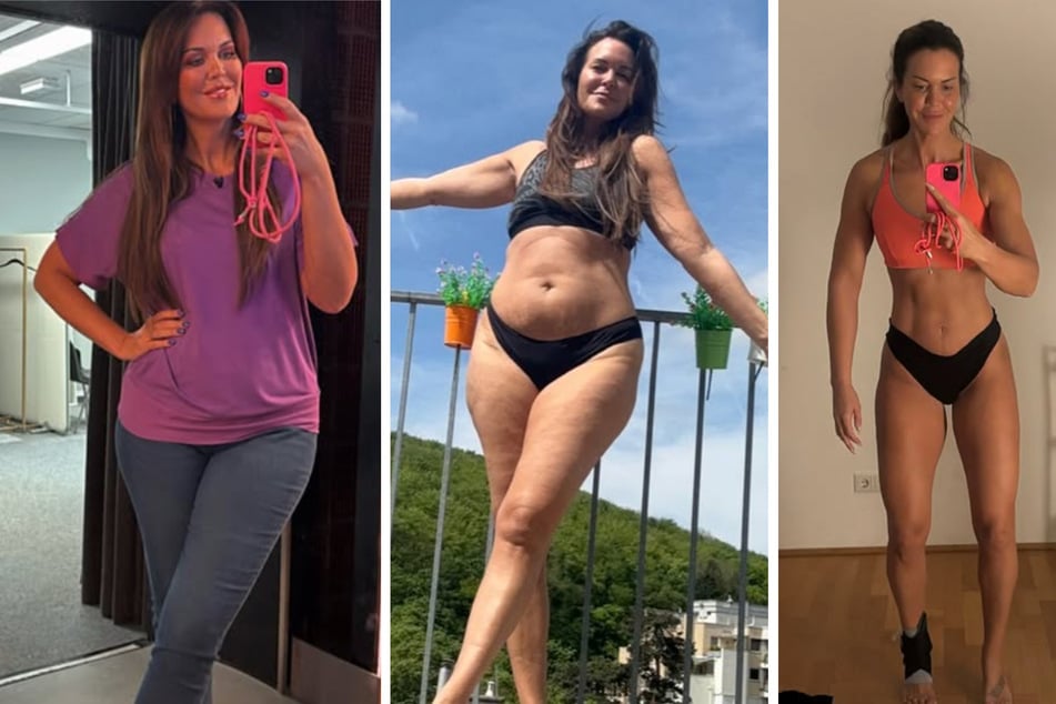 Die beiden linken Bilder zeigen Martina Reuter (45), wie sie früher aussah. Auf dem rechten Foto präsentiert sie ihre aktuelle Figur.