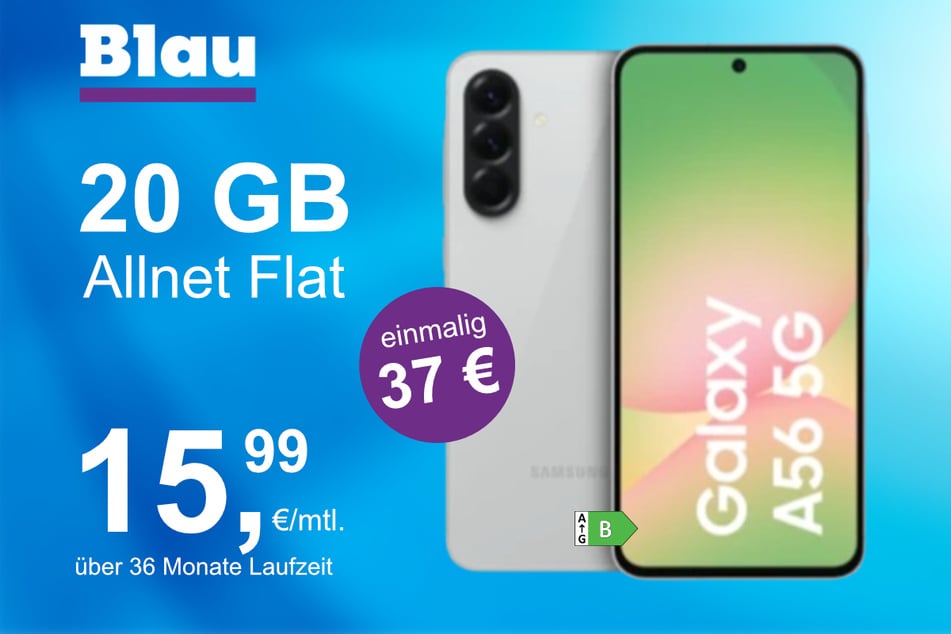 Das Samsung Galaxy A56 5G im Blau Allnet XL für einmalig 37 Euro.