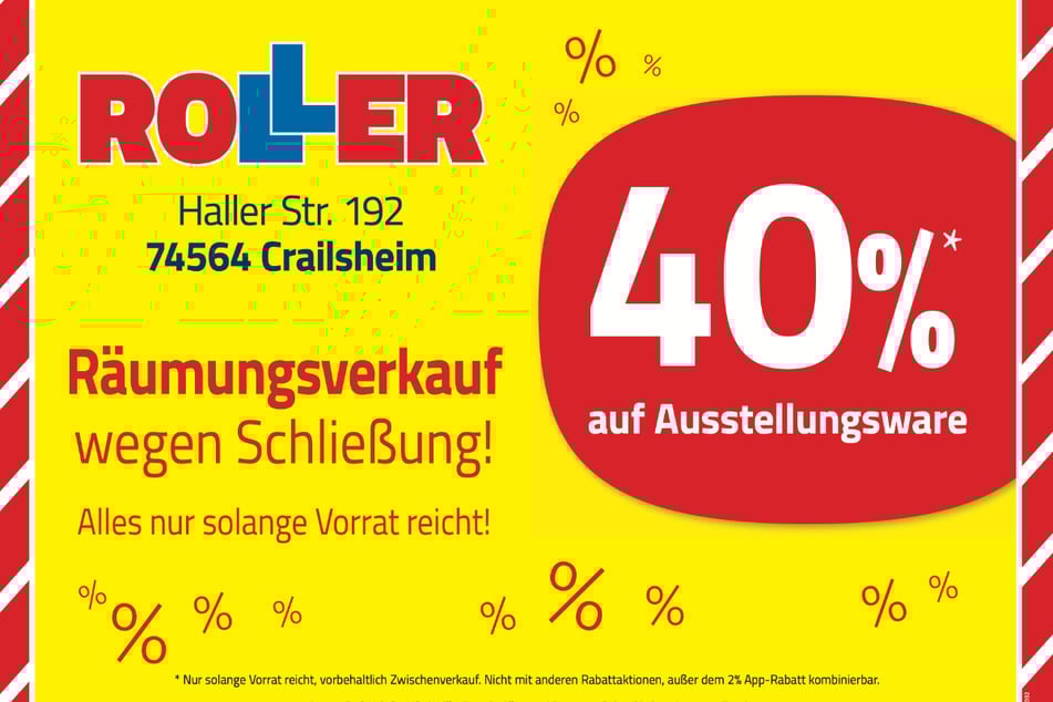 Während des Räumungsverkaufs bei ROLLER in Crailsheim warten jetzt 40 Prozent Nachlass beim Möbelkauf.¹