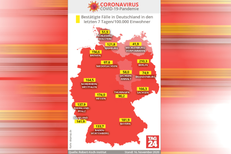 Ein Land sieht rot: Die bestätigten Fälle in Deutschland in den letzten sieben Tagen pro 100.000 Einwohner.