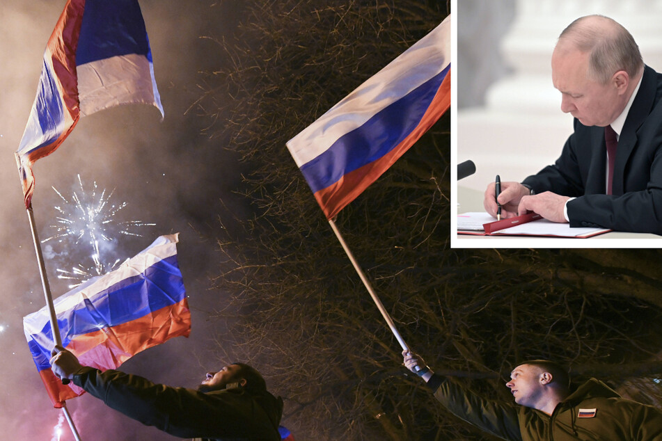 Donetsk residents celebrated on Monday night (l.) after President Putin signed decrees recognizing the independence of the Donetsk and Lugansk People's Republics (r.).