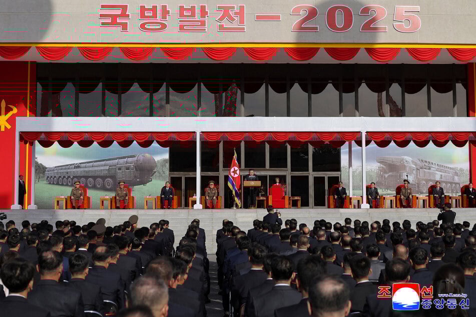 North Korean leader Kim Jong Un speaks during the Defense Development 2025 military exhibition event in Pyongyang ahead of the 80th founding anniversary of the Workers' Party, in this picture released October 5, 2025.