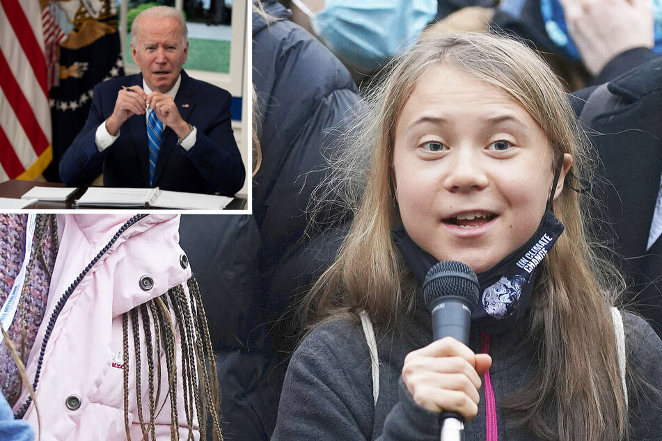 Climate activist Greta Thunberg (r.) threw some shade at President Joe Bide (inset) in a new interview.