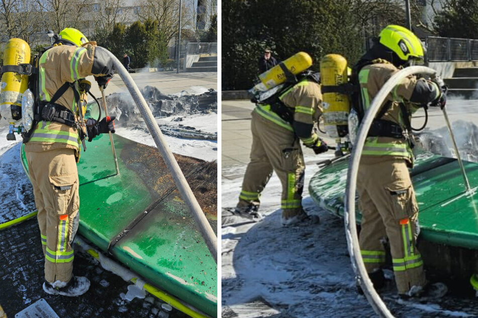 Die Feuerwehr löscht den brennenden Brunnen im Märkischen Viertel.