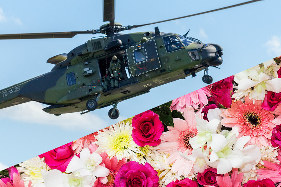 Bundeswehr-Hubschrauber im Tiefflug bringt Blumen für die Verlobte
