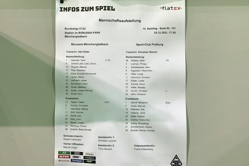 Mit diesen Startaufstellungen gingen Borussia Mönchengladbach und der SC Freiburg in die Partie.
