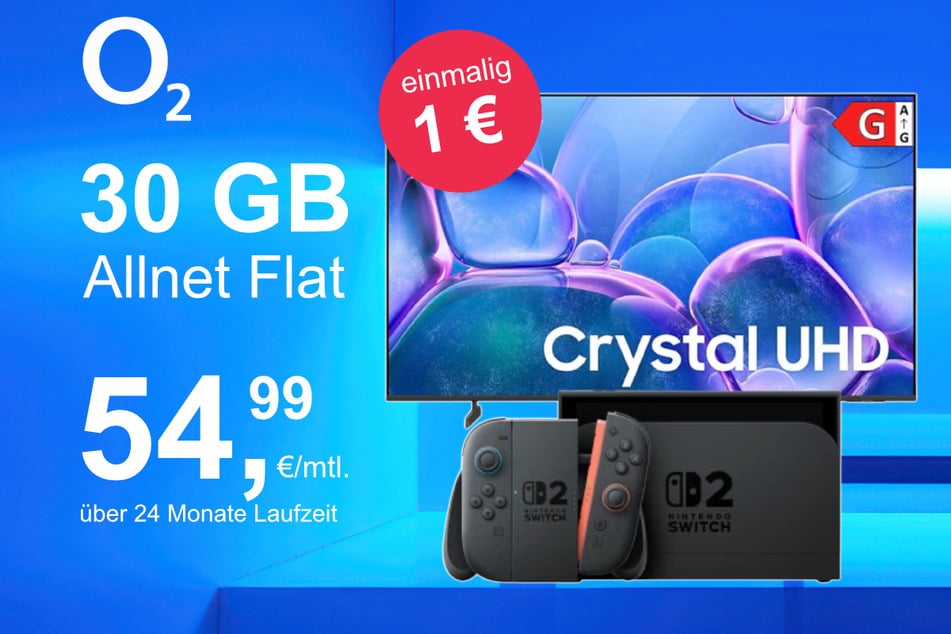 Die Nintendo Switch 2 plus Samsung 50-Zoll Crystal UHD im o2 Mobile M inkl. 30 GB+ für einmalig nur 1 Euro.