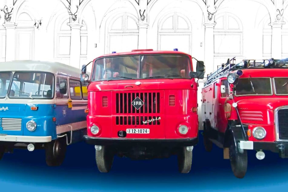 Ein ROBUR-Bus, ein Lastkraftwagen W50 und ein IFA H6 als Feuerwehr-Einsatzwagen (von links).