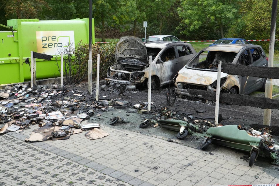 Sowohl die Autos als auch die Mülltonnen brannten vollständig aus.