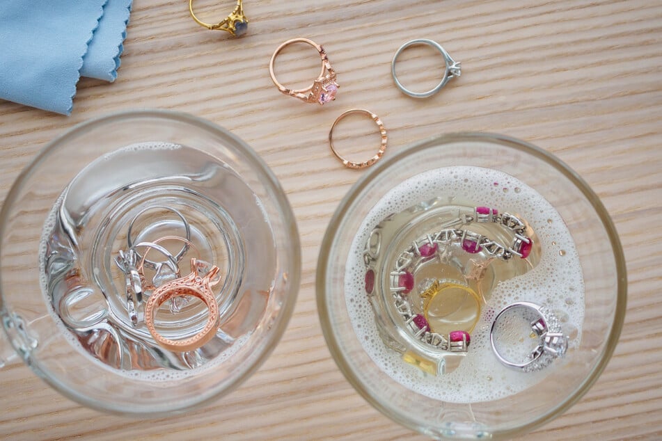 Use lightly soapy water to help get stains out of jewelry.