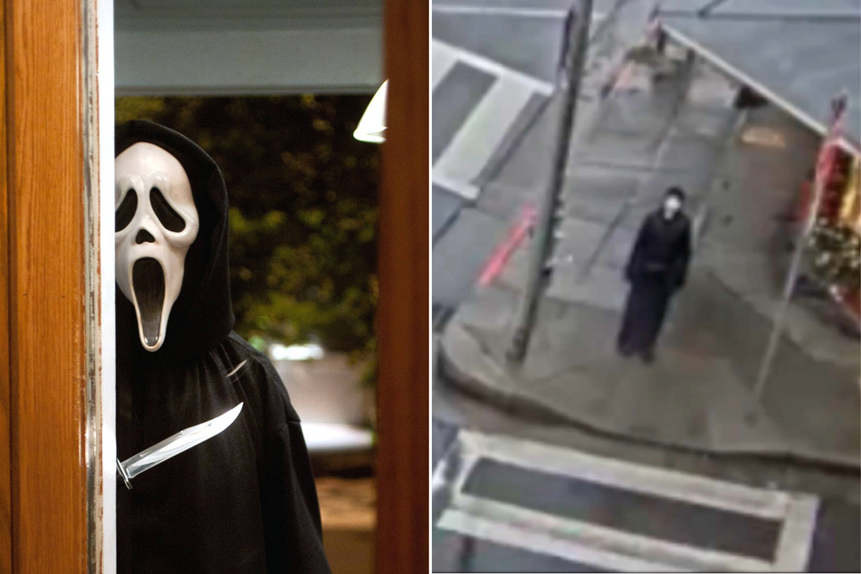 A mysterious person wearing a Ghostface mask from the horror movie Scream (l.) stood on a street corner in a small town (r.), causing multiple residents to call 911.