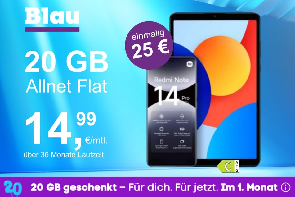 Das Xiaomi Redmi Note 14 Pro + Pad SE im Blau Allnet M für einmalig 25 Euro.