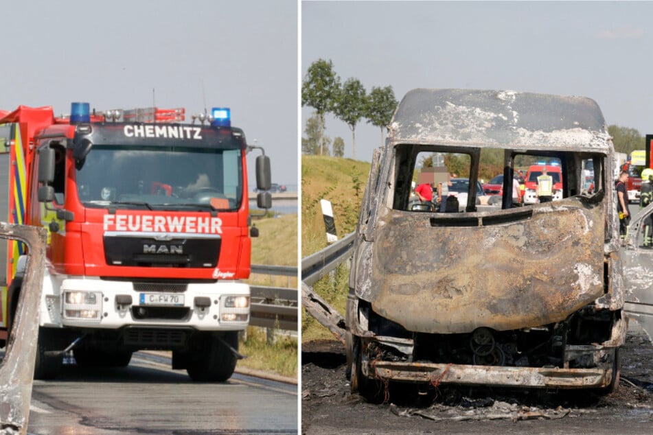 Chemnitz: Transporter ausgebrannt: Bundesstraße voll gesperrt