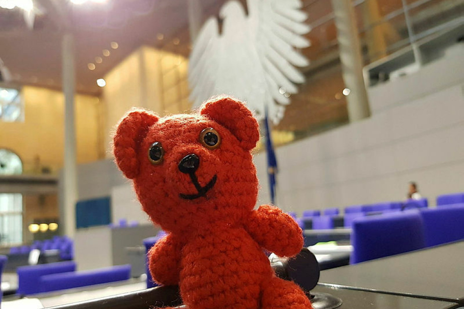 Der "Rote Bär" ist Pellmanns Häkel-Maskottchen, das gleichsam seit 2017 im Bundestag sitzt.
