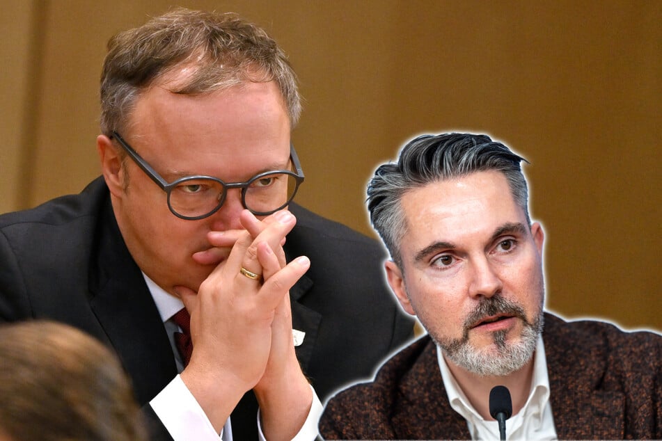 BSW-Bundesvorsitzender Fabio De Masi (45, r.) forderte Thüringens Ministerpräsident Mario Voigt (48, CDU) auf, Zweifel an seiner Doktorarbeit auszuräumen. (Archivfotos)