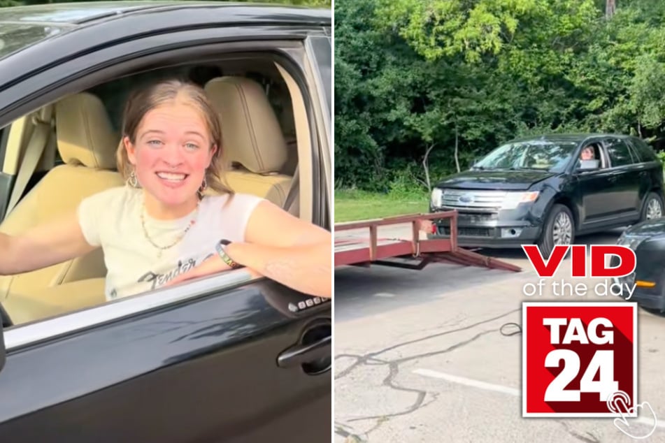 This woman couldn't believe her eyes when she managed to roll her broken van onto a moving trailer at full speed.