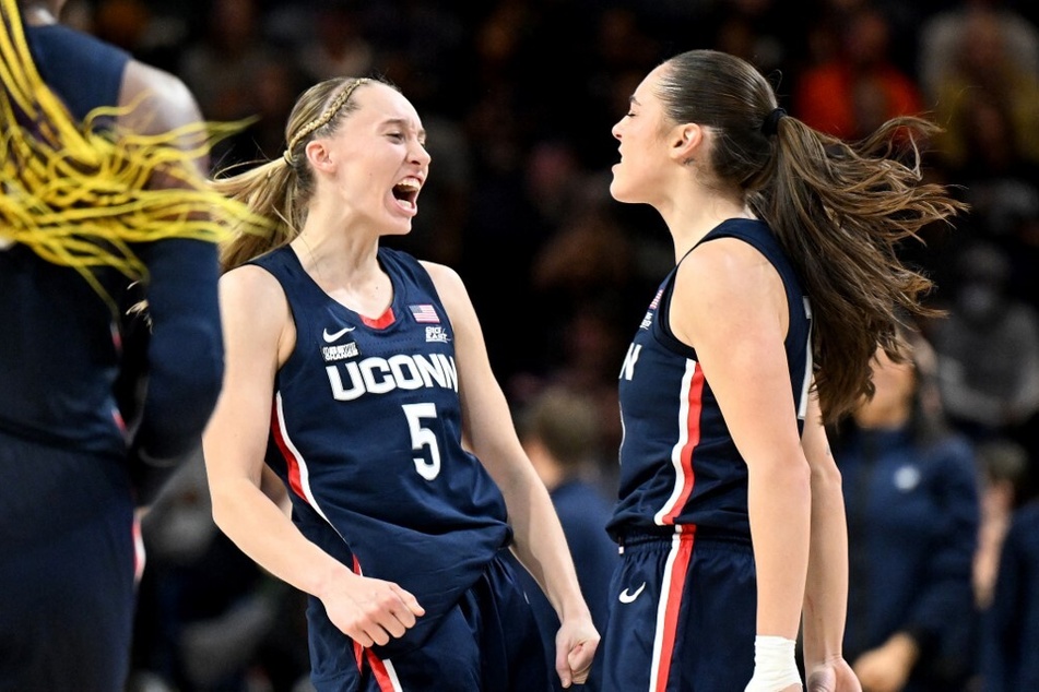 Paige Bueckers' (l) return to UConn next NCAA hoops season has fans from corner to corner hyped.