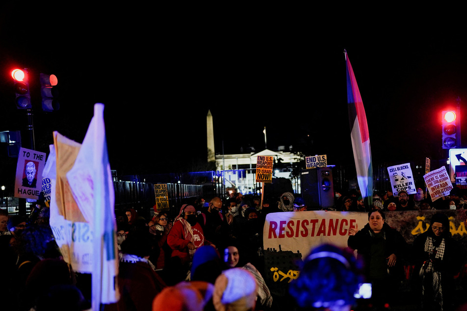 Palestine solidarity activists gather near the White House to protest Israeli Prime Minister Benjamin Netanyahu's meeting with Donald Trump on February 4, 2025.