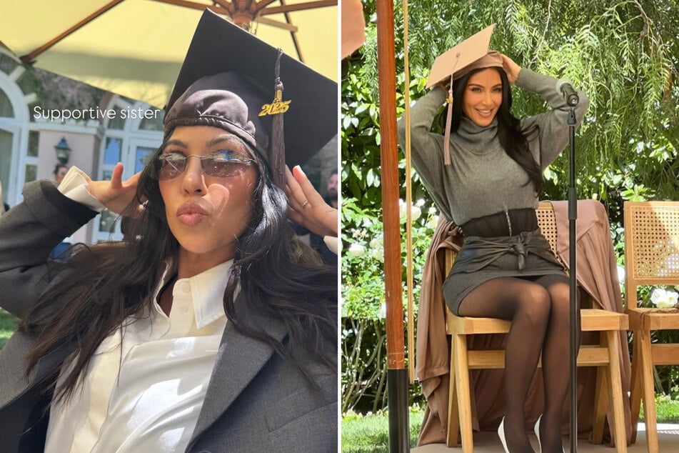 Kim Kardashian (r.) celebrated "finally" completing her four-year law school program with a backyard graduation ceremony attended by her friends and family.