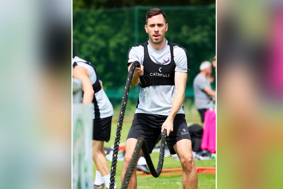 Marcel Bär (31) beim Krafttraining im Camp in Bad Blankenburg. Er soll Aues Mann für die Tore werden, dafür schuftet er jetzt hart.