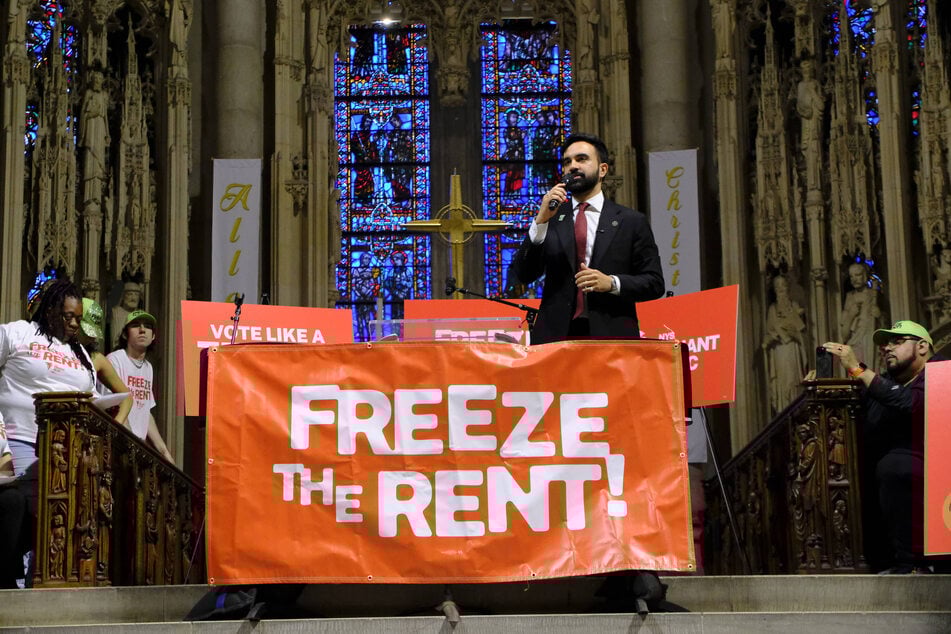 Zohran Mamdani attends a Freeze The Rent rally at New York City's Riverside Church on May 15, 2025.