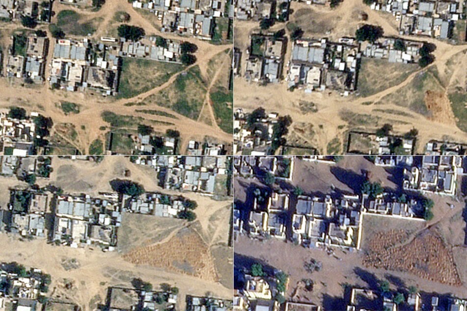 This combination of satellite images released by Planet Labs PBC on December 19, 2025, shows the graves near the UNICEF headquarters in El-Fasher, taken on the following dates (from top left to bottom right): October 8, 2025, October 27, 2025; January 15, 2025; and on December 14, 2025.