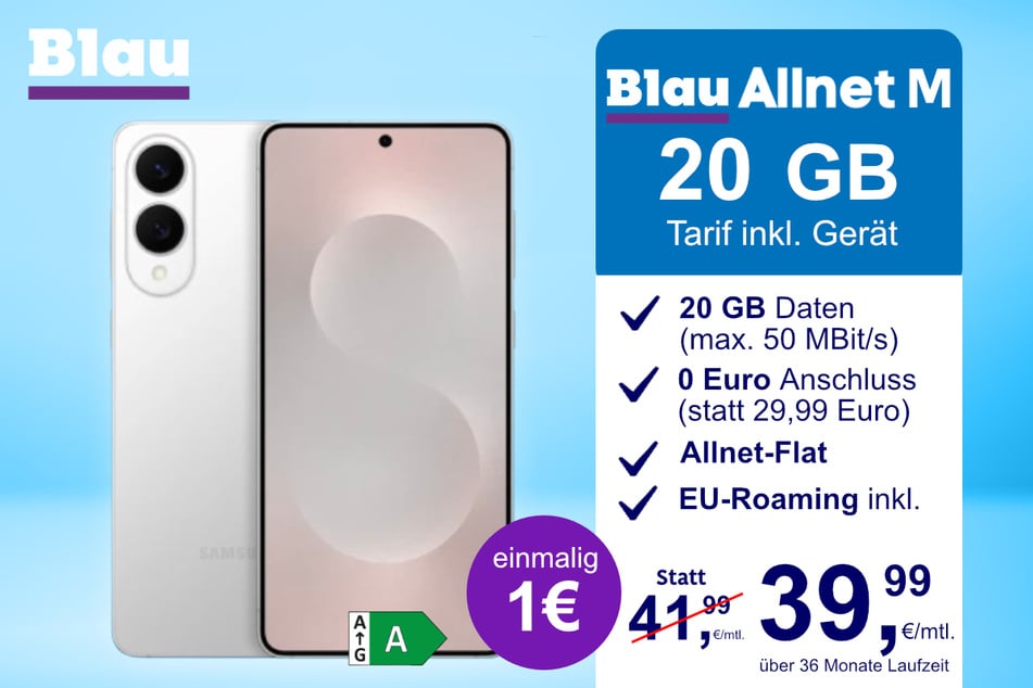 Das Samsung Galaxy S25 Edge im Blau Allnet M für einmalig 1 Euro.