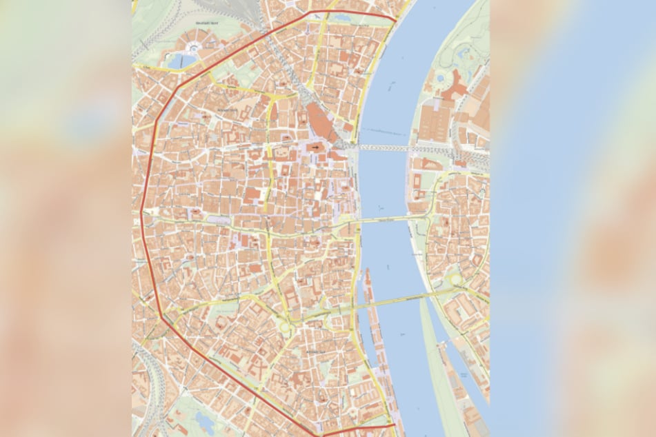 Alles innerhalb des rot markierten Halbkreises ist Böller-Tabu-Zone: Im gesamten innerstädtische Bereich linksrheinisch dürfen keine Kracher gezündet werden.