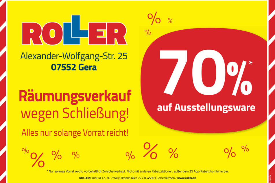 Während des Räumungsverkaufs bei ROLLER in Gera gibt's für Kunden u.a. 70 Prozent Rabatt¹ beim Möbelkauf.