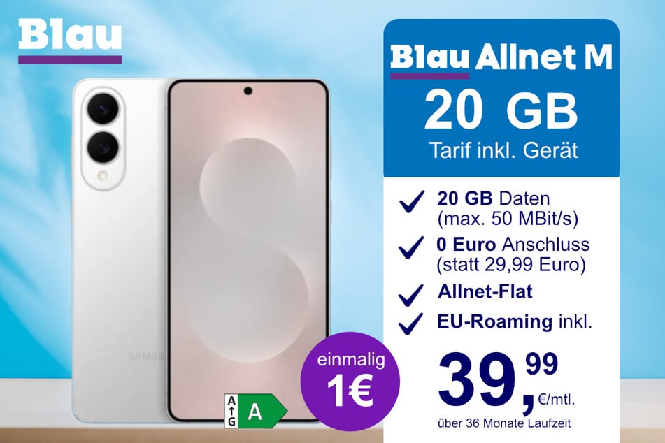 Das Samsung Galaxy S25 Edge im Blau Allnet M für einmalig 1 Euro.