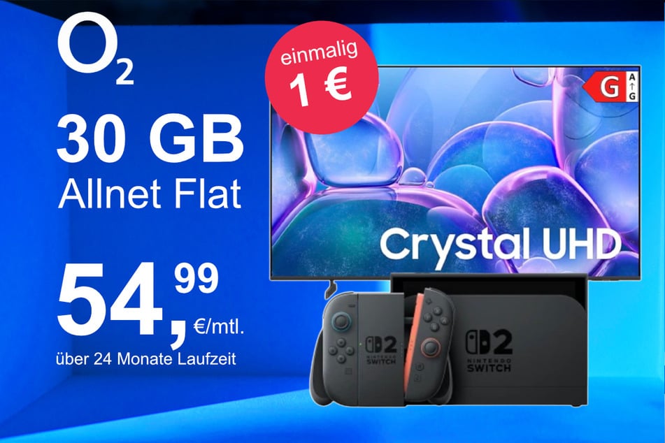 Die Nintendo Switch 2 plus Samsung 50-Zoll Crystal UHD im o2 Mobile M inkl. 30 GB+ für einmalig nur 1 Euro.