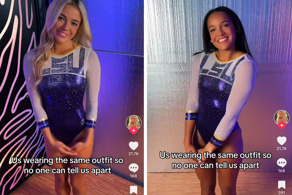 Olivia Dunne has hilariously found her "long lost twin" in LSU teammate Haleigh Bryant (r.).
