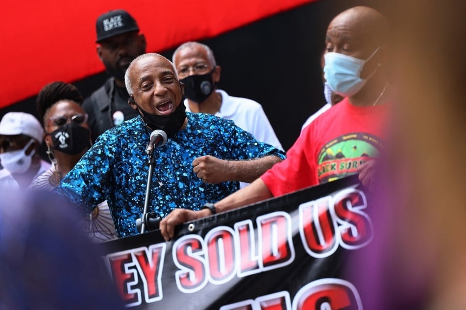 Former New York Assemblyman Charles Barron speaks during a rally for reparations at the African Burial Ground National Monument in New York City.