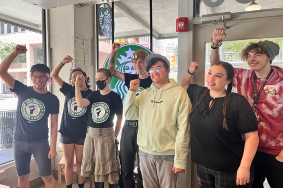 Starbucks partners at the Houston and St. Mary’s store celebrate their unanimous union election victory.