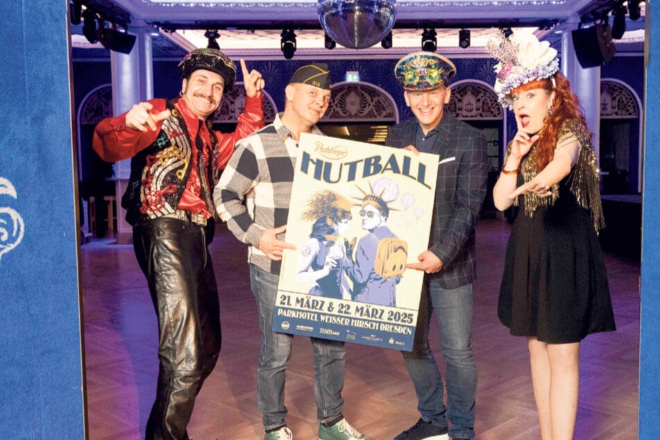 Freuen sich auf den Hutball: Entertainer Luis La Metta, Veranstalter Steffen Grosche, Parkhotel-Inhaber Jens Hewald und Sängerin Fräulein Clara (v.l.).