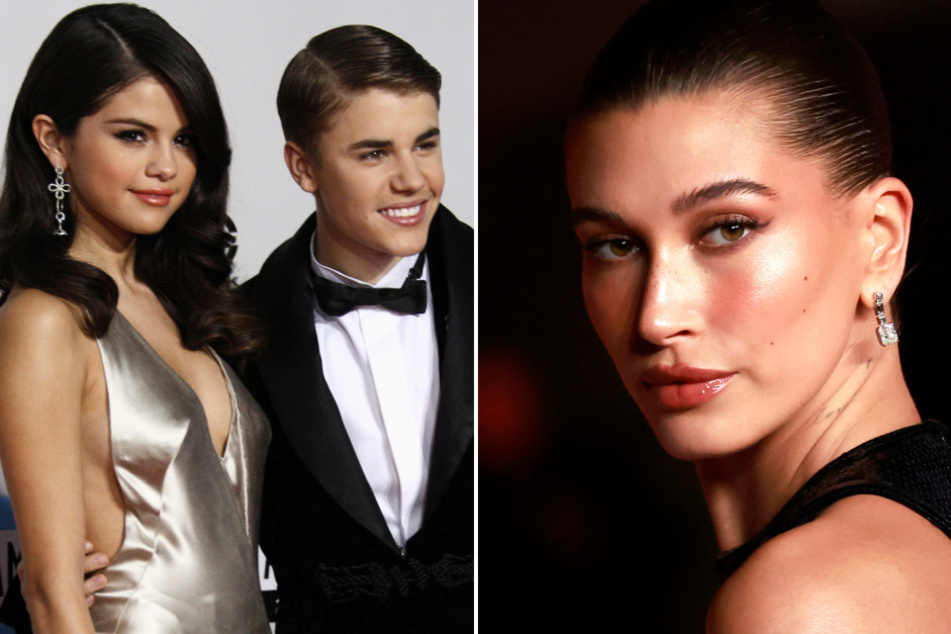 Hailey Bieber (r.) recently talked about the hurdles she has faced in her relationship with Justin Bieber (c.) in the wake of his breakup from Selena Gomez (l.)