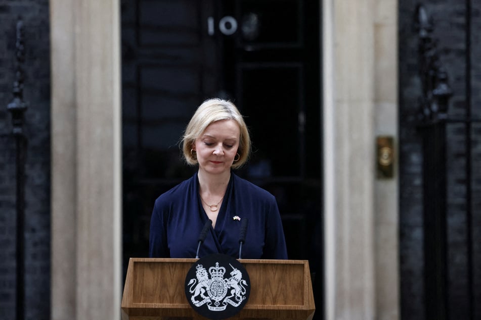 British Prime Minister Liz Truss announcing her resignation in front of Number 10 Downing Street.