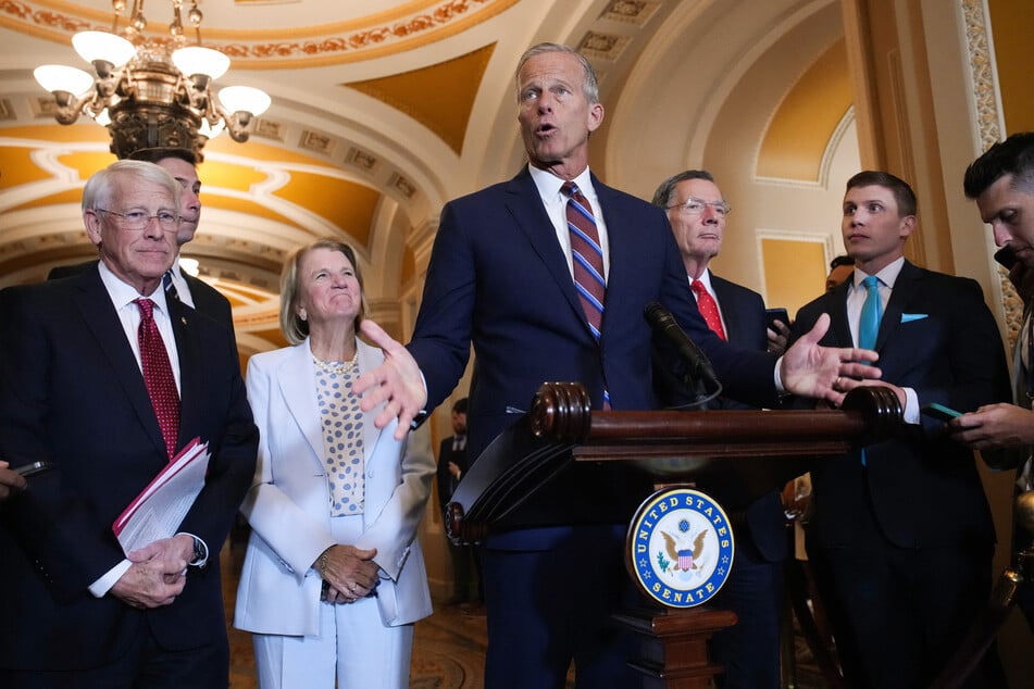 Senate Republicans, led by Majority Leader John Thune (c.), are threatening to "go nuclear" to get President Donald Trump's nominations through.