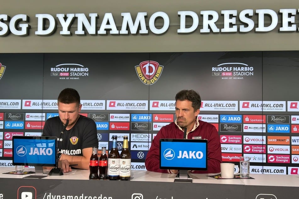 Dynamo-Coach Thomas Stamm (41, r.) sprach vor dem Spiel gegen Aachen über mögliche Wechsel in der Startelf.