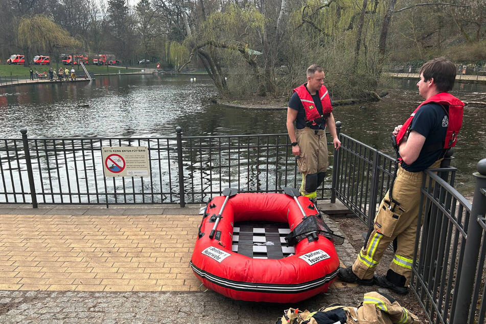 Die Berliner Feuerwehr hat am Donnerstag den Großen Teich im Volkspark Friedrichshain mit einem Großaufgebot nach einer vermeintlich vermissten Person abgesucht.