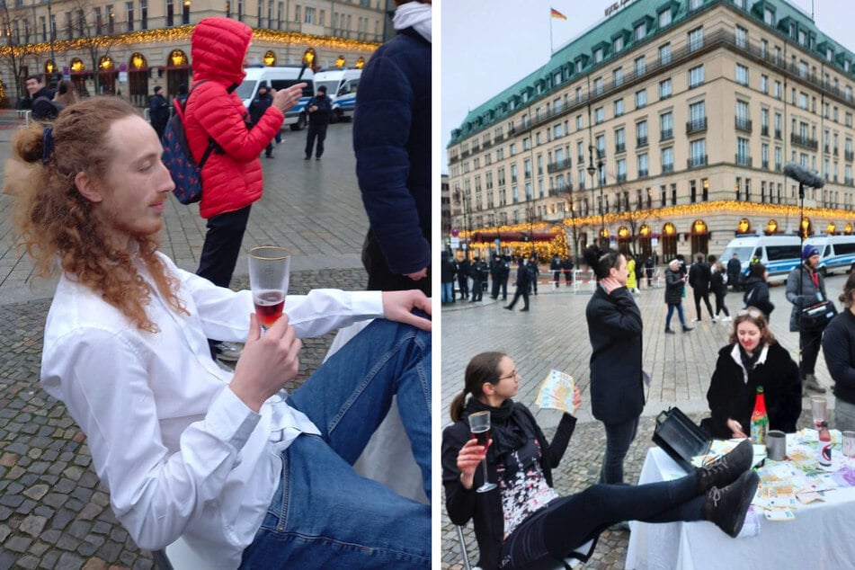 Vor dem Hotel Adlon in Berlin schauspielerten am heutigen Montag Aktivisten der "Letzten Generation".