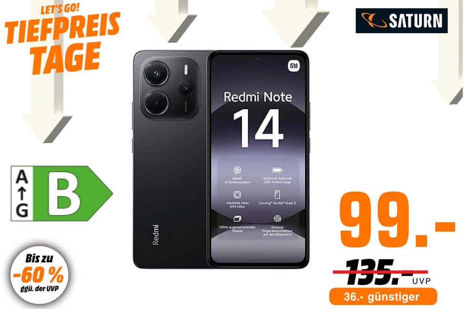Xiaomi Redmi Note 14 für 99 statt 135 Euro.