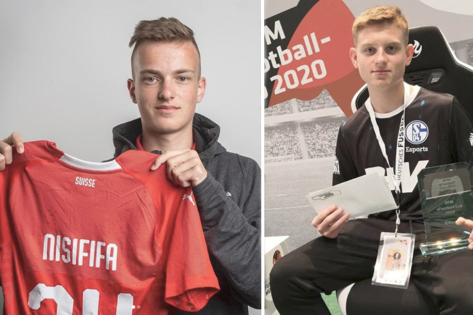Der Schweizer Nationalspieler Nicolas "NisiFIFA" Muntwyler (18, l.) und der Ex-Schalker Joe "JH7" Hellmann (18) wurden als erste Profis für das Team "Iqonic" verpflichtet. (Fotomontage)
