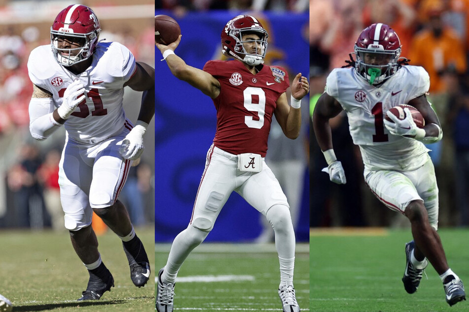 The Alabama star trio Will Anderson Jr. (l), Bryce Young (c), and Jahmyr Gibbs (r) all declared for the 2023 NFL Draft on Monday.