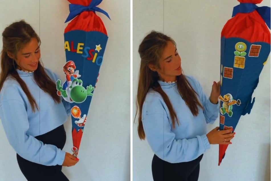 Sarah Engels (28) präsentiert ihr Meisterwerk. Alessios (6) Schultüte steht unter dem Motto "Super Mario".(Fotomontage)