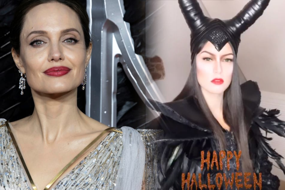 Fotomontage: Hollywood-Star Angelina Jolie (45/l.) spielte im Disney-Film die dunkle Fee "Maleficent". Zu Halloween schlüpfte Model und Moderatorin Rebecca Mir (28) in das aufwendige Hexen-Kostüm.