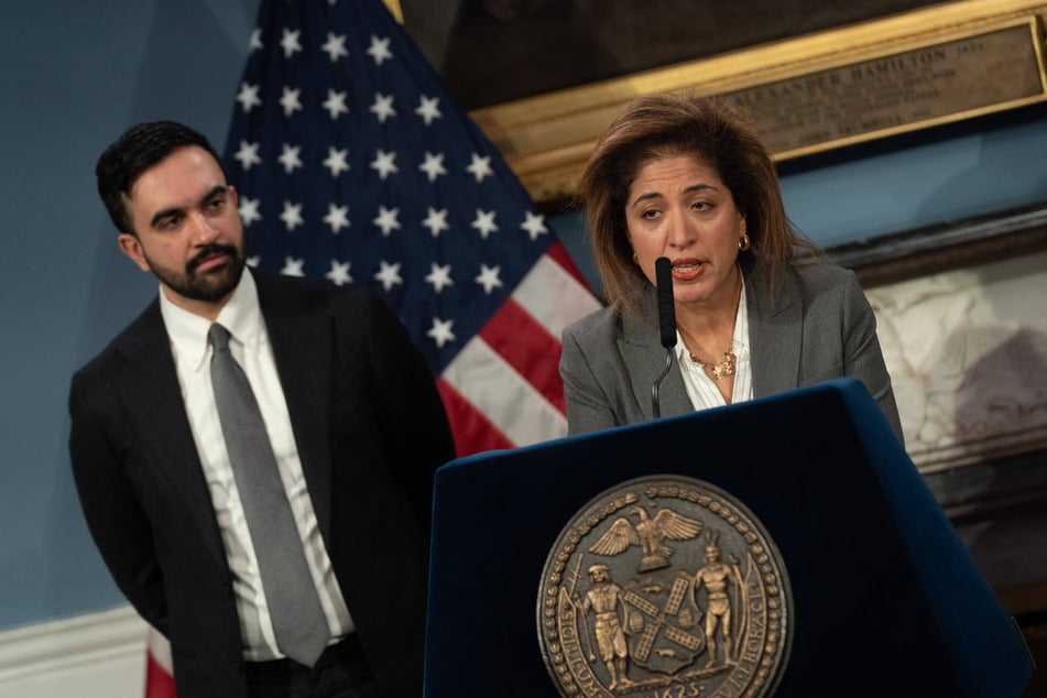 Nadia Shihata (r.) responds to press questions after being nominated to lead the New York City Department of Investigation.